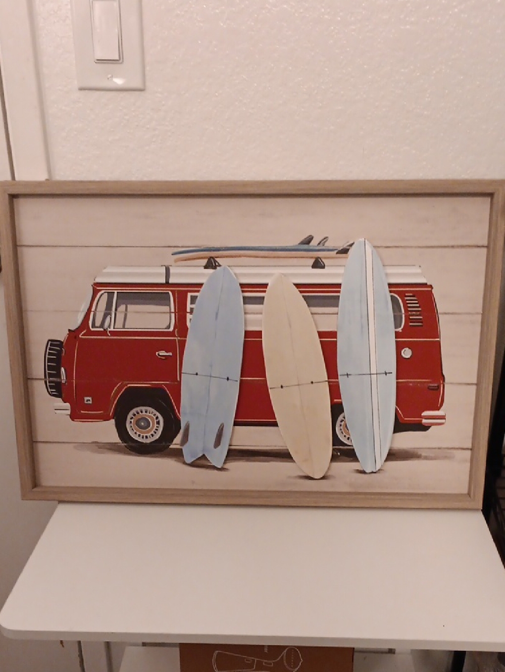 Red VW Camper Van Wall Art with Surfboards - Coastal Accent